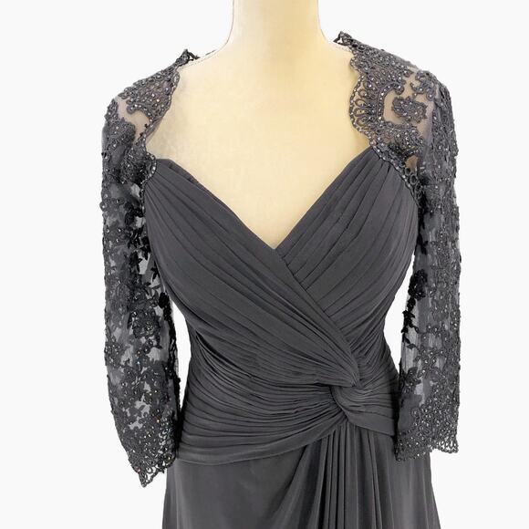 LA FEMME 30384 Ruched Twist Column Gown Size 12 Gunmetal Lace Net Jersey NWOT - Picture 6 of 12